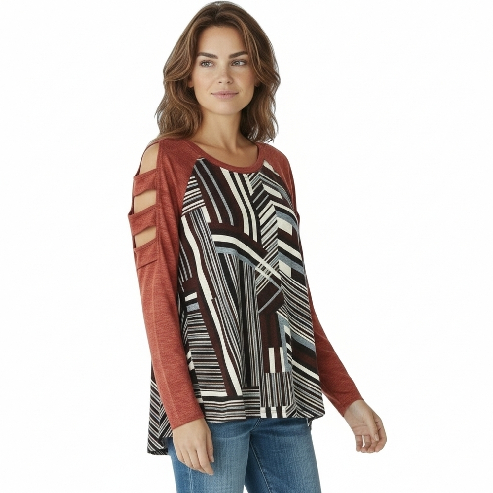 CY FASHION Women's New LongSleeve Cutout Abstract Top S/L - Picture 2 of 16